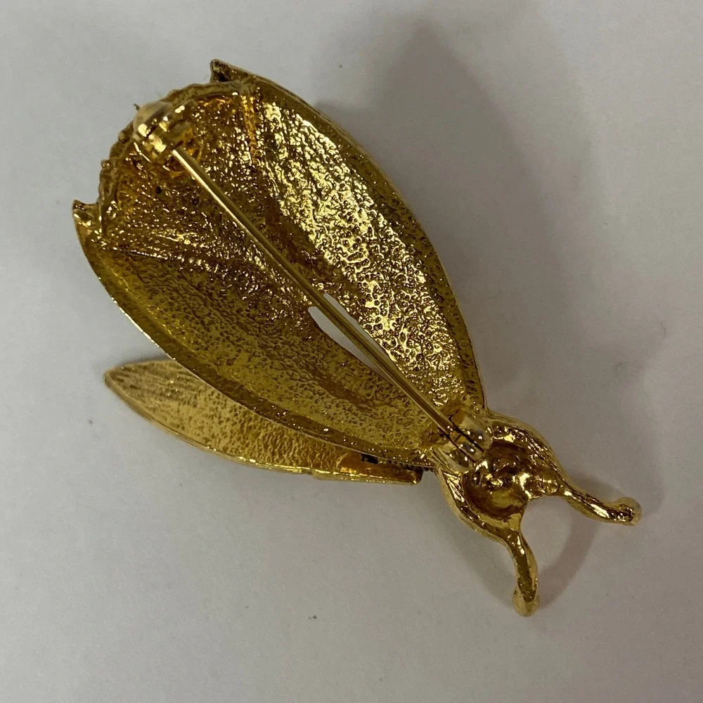 Vintage Gold Tone En Tremblant Bee Brooch Green Blue Rhinestone Movable Wing Pin